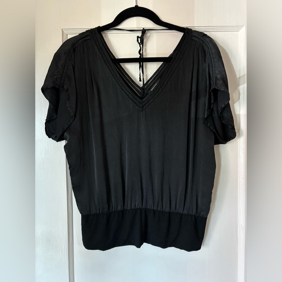 White House Black Market - Silk women’s XS  top blouse black Vneck boho - Picture 2 of 11